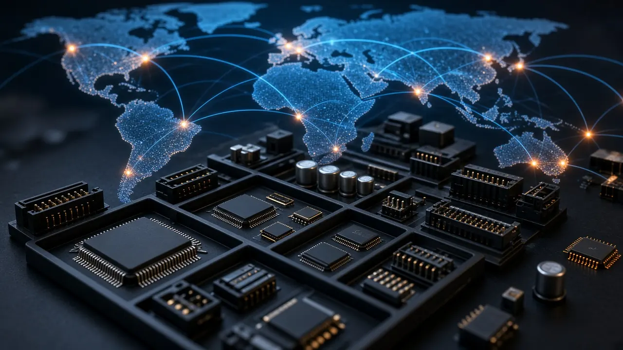 Tray of ICs, connectors and capacitors over a glowing world map