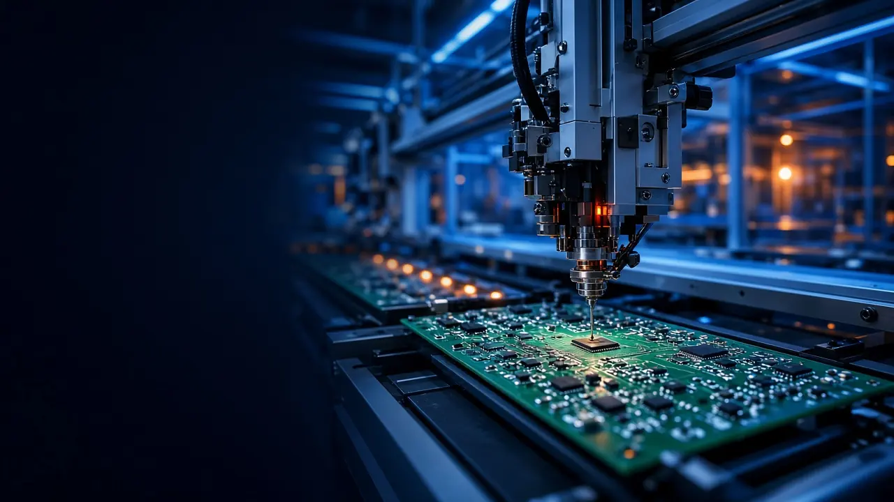 SMT pick-and-place machine mounting a chip on a circuit board